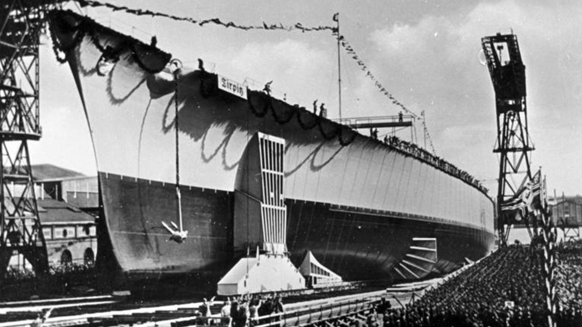 Tirpitz sliding down the slipway at her launch